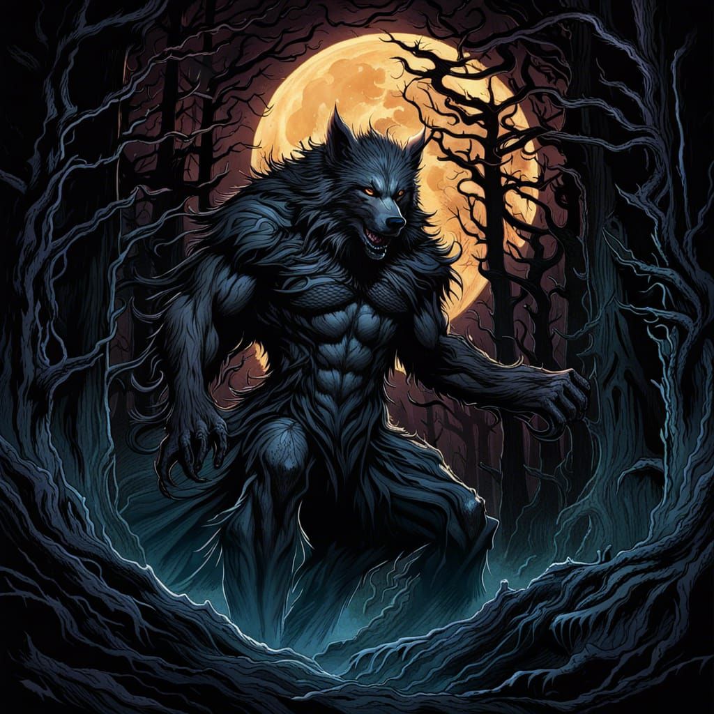 High Gothic Black Flame Werewolf in Dark Forest
