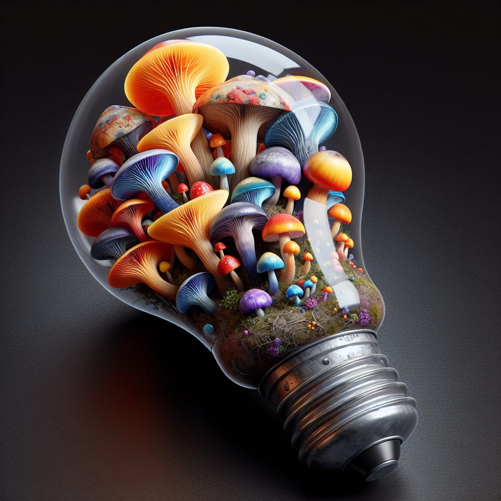 Mushroom Powered Light Bulb in Impressionist 3D Style