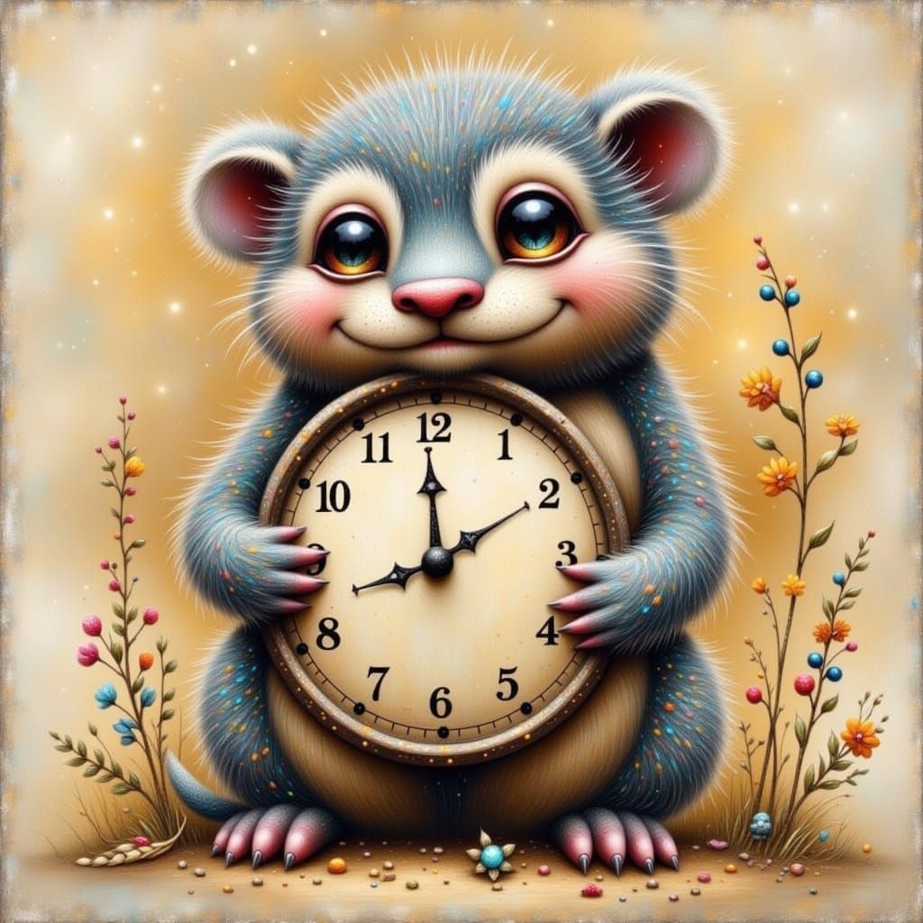 Cute Creature Holding a Clock with Fantasy Glow