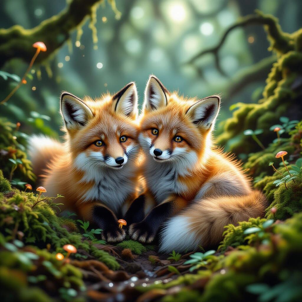 Adorable Fox Kits Play in Magical Forest