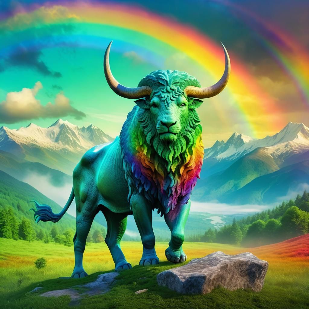 Fantasy Mythical Creatures Under Rainbow Sky