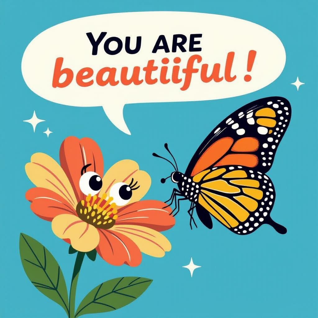 Butterfly Praises Flower in Vibrant Cartoon Style