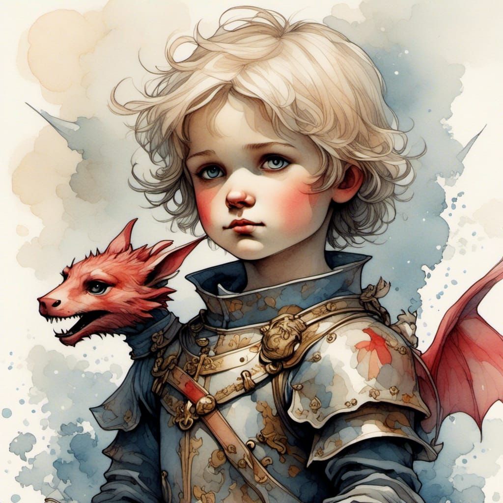 Cute Knight and Dragon in Watercolor Style