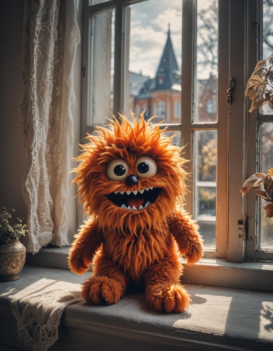 Cute Orange Monster Soft Toy on Window Sill