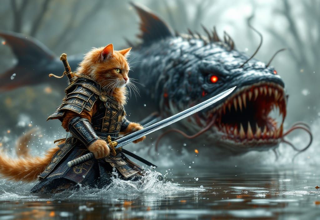Samurai Cat Battles Demon Fish in Lake