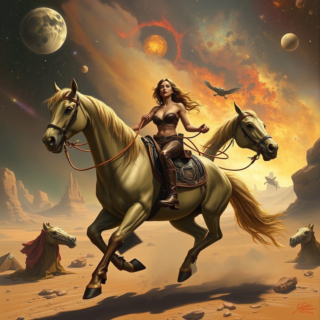 Futuristic Cowgirl Rides Across Galaxy Landscape