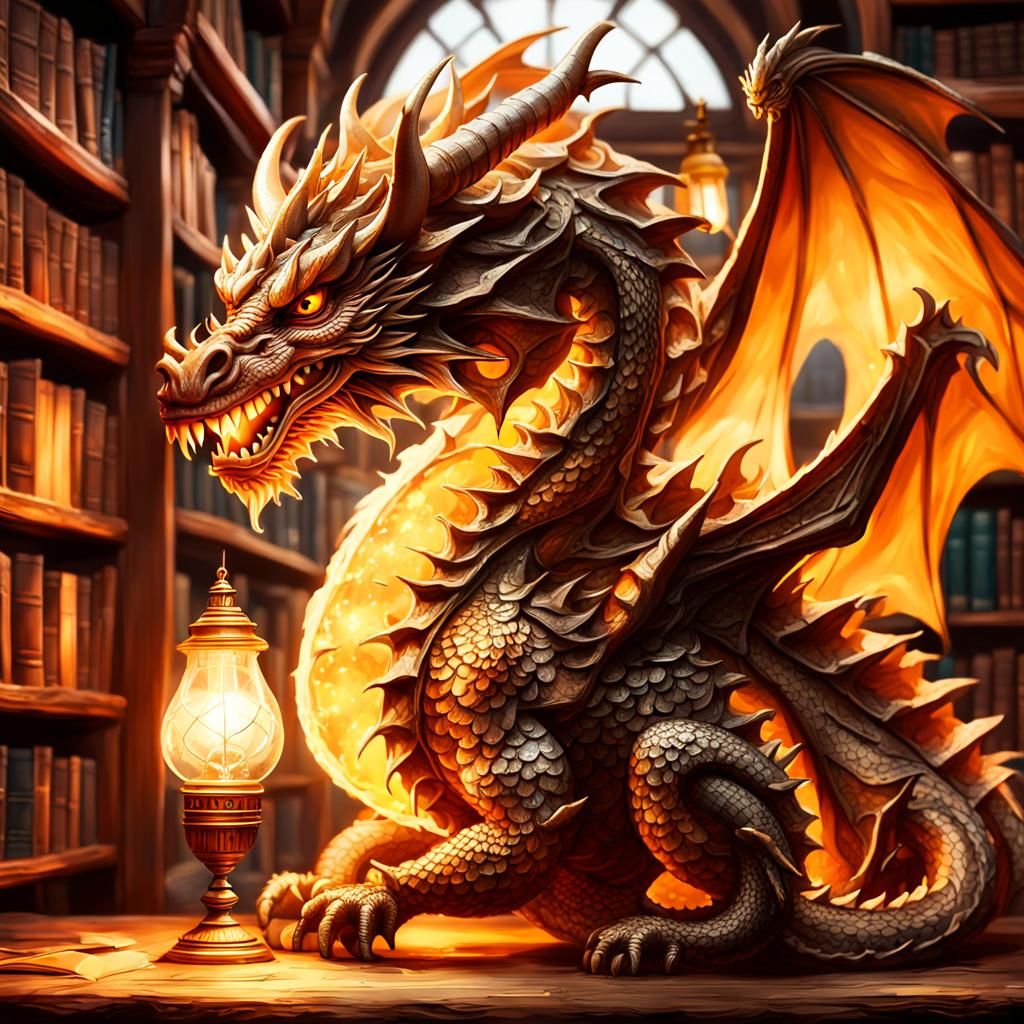 Dragon Lamp in Cozy Library: Fantasy Illustration