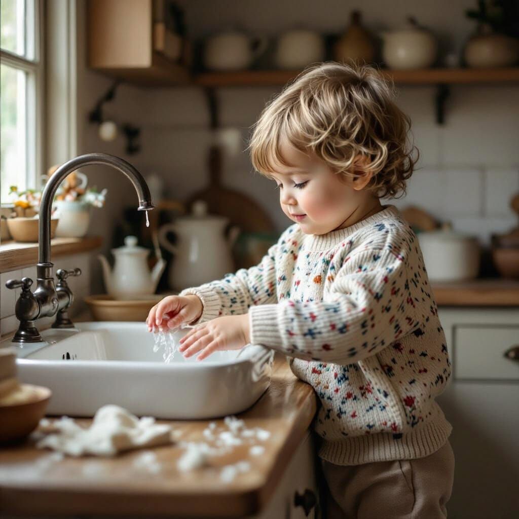 Child Washing Hands in Beatrix Potter Style