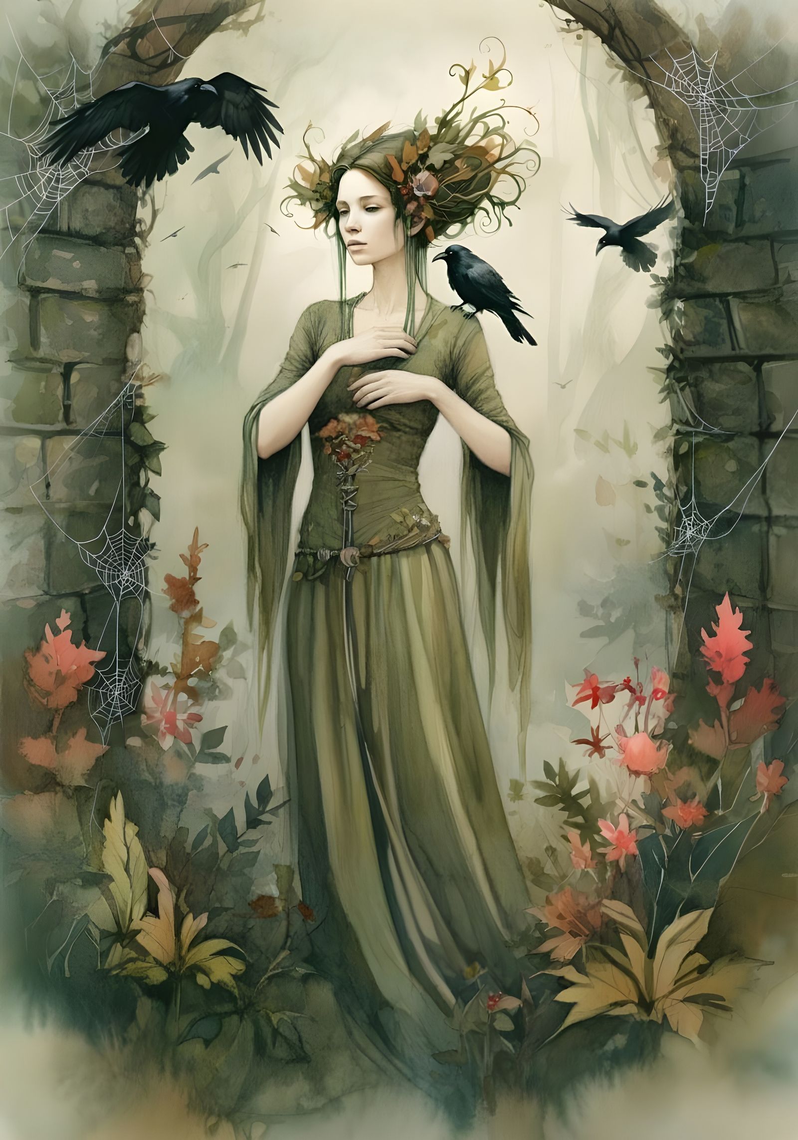 Whimsical Green Witch in Lush Garden Setting