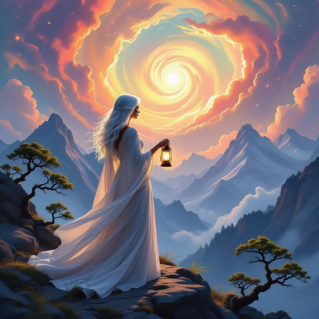 Celestial Mountain Vista: Elderly Woman with Lantern