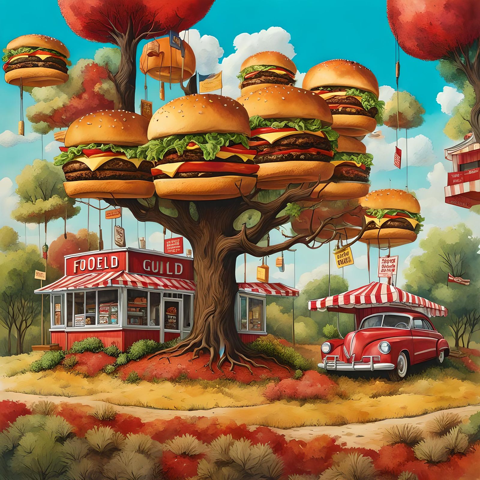 Food Landscape with Hamburger Trees in Watercolor Style