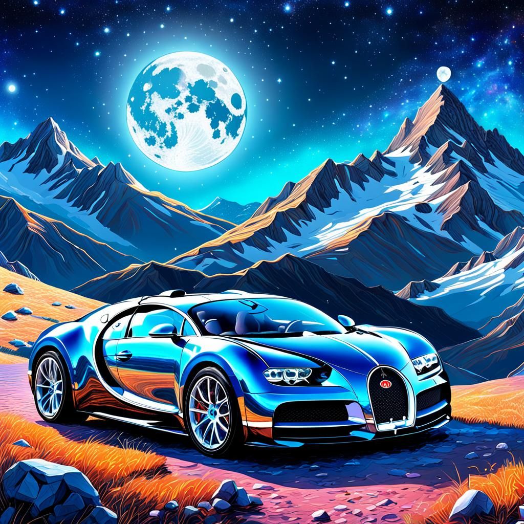 Bugatti on a Mountain Under Moonlight