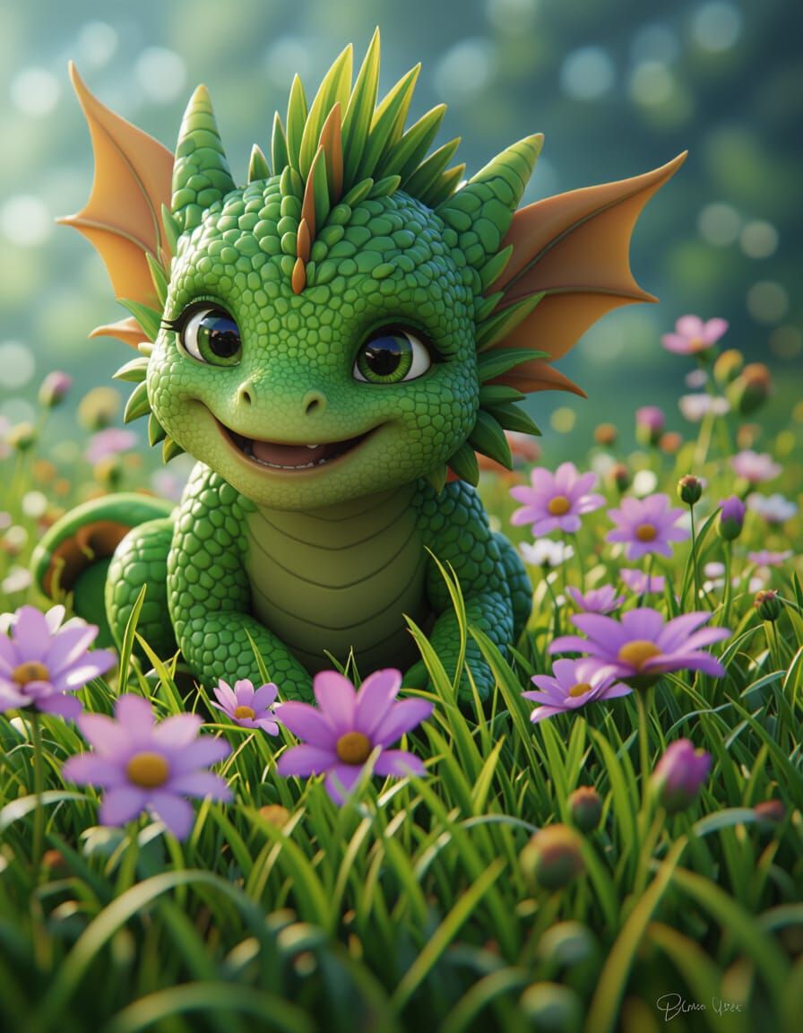 Cute Baby Dragon in Flower Field - 3D Anime Render
