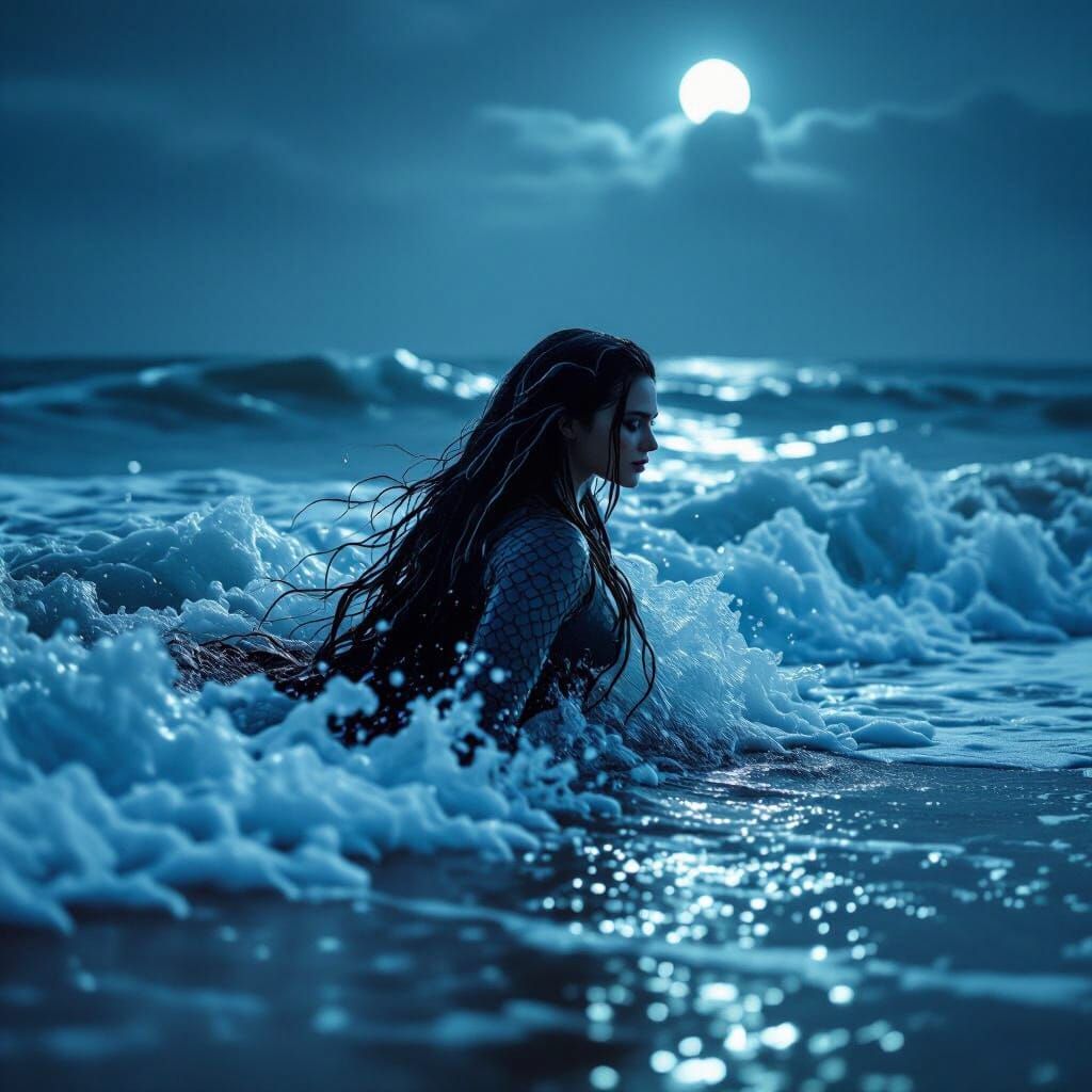 Mystical Selkie Emerges Onto Moonlit Scottish Beach