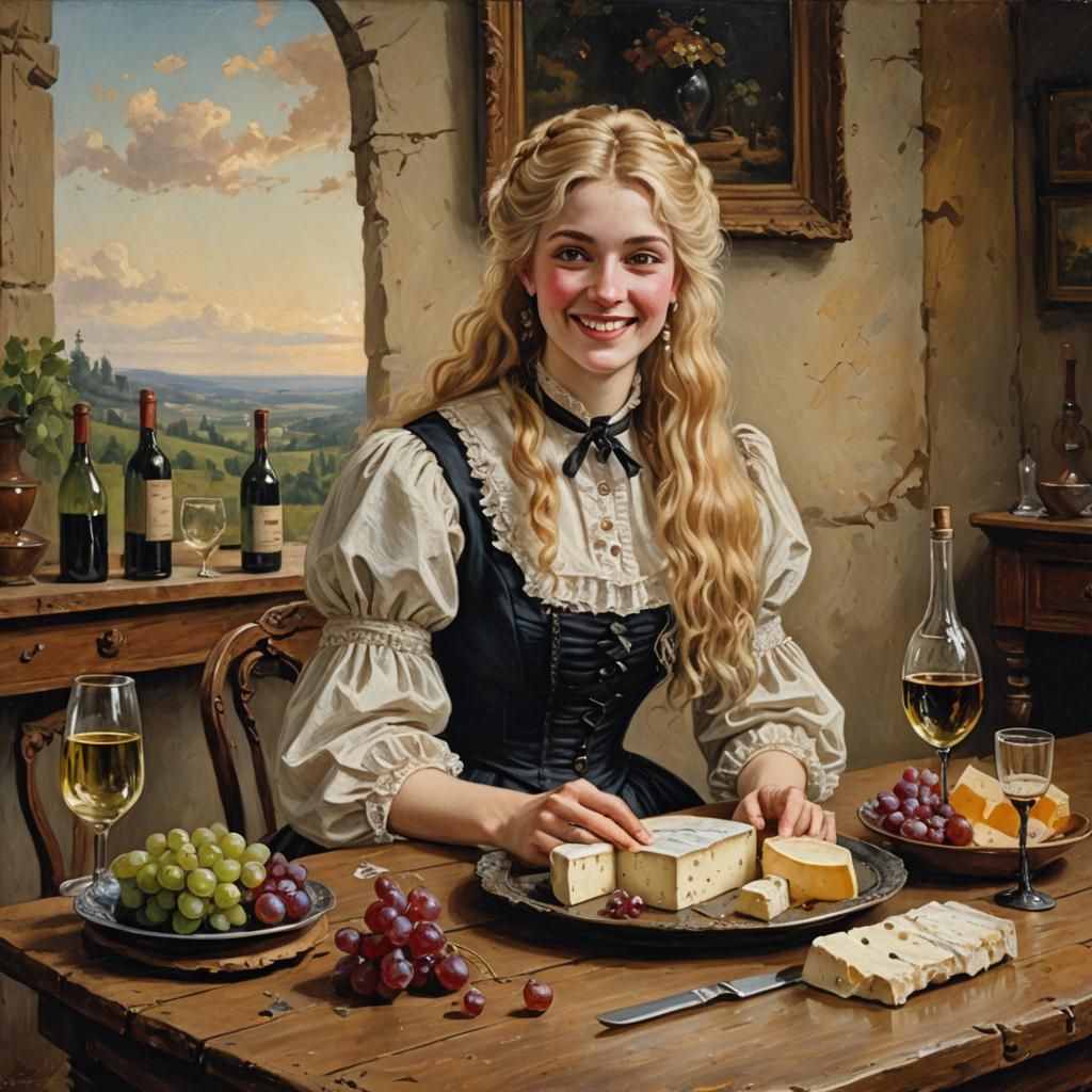 Victorian Woman with Wine and Cheese, Oil Painting