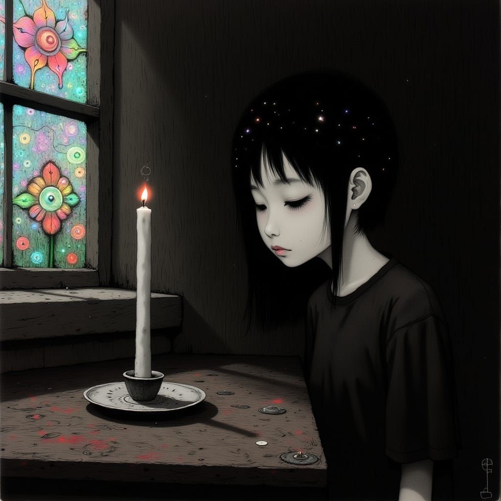 Serene Japanese Woman Lost in Thought by Candlelight