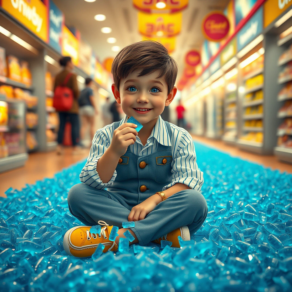 Boy Enjoys Candy Sharks in a Candy Store