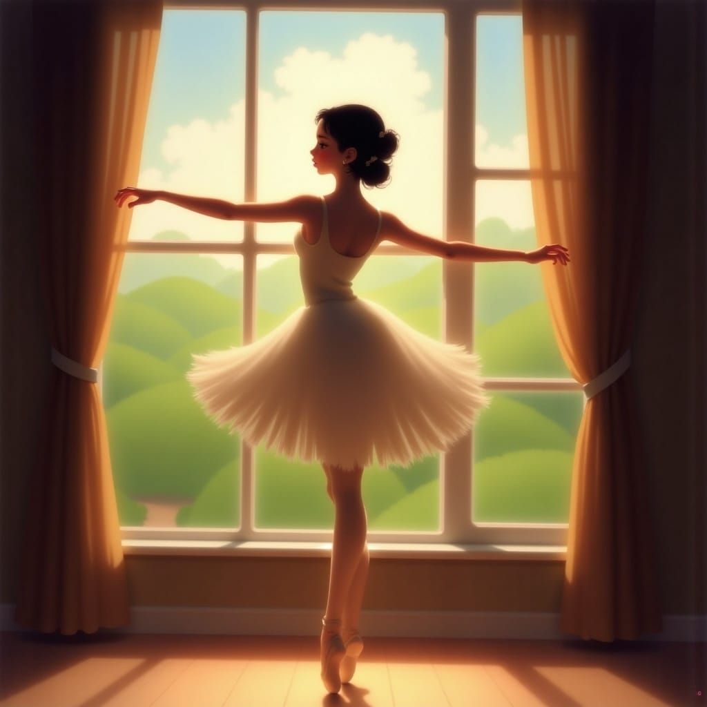 Ballerina in Sunlight Arabesque with Green Hills