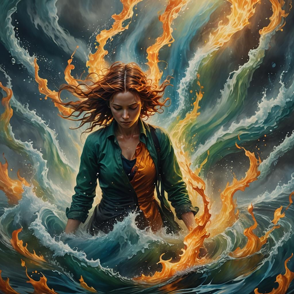 Surreal Woman in Vortex of Fire and Water