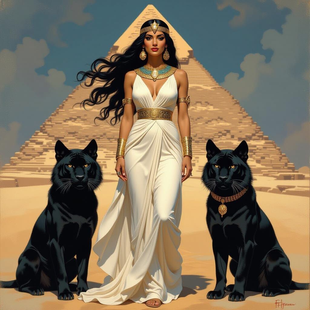 Cleopatra with Tiger Guardians, Art Nouveau Style