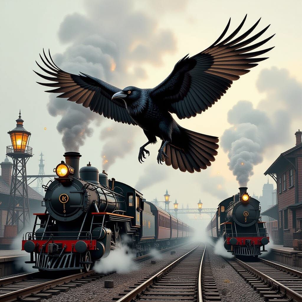 Steampunk Raven Flies Over Industrial Railway Yard