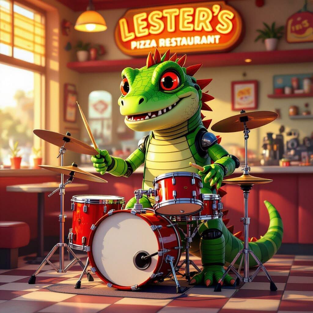 Lime Robot Lizard Drummer at Retro Pizza Restaurant