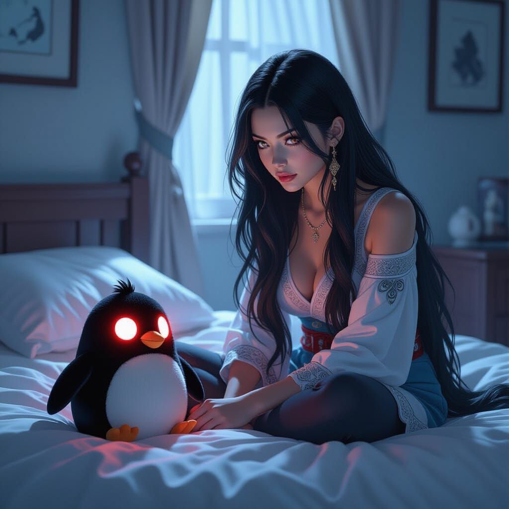 Woman Gazes at Menacing Penguin Toy, Hyper-Realistic Manga S...