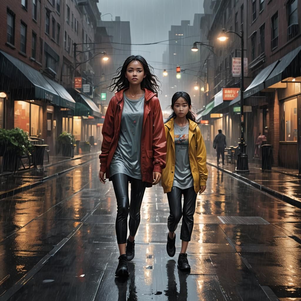 Girl Walking in Rainy Cityscape with Vivid Colors