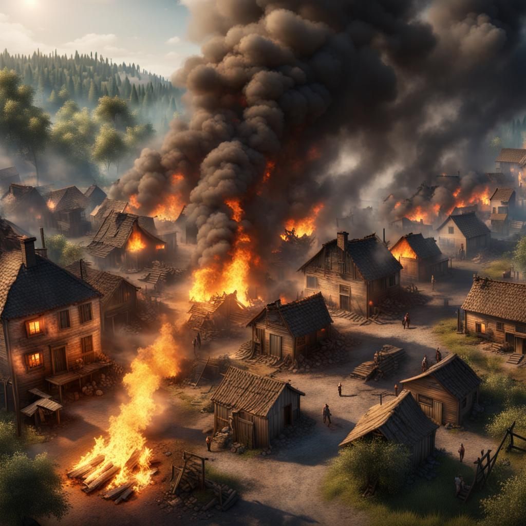 Burning Village Scene in Hyperrealistic Style
