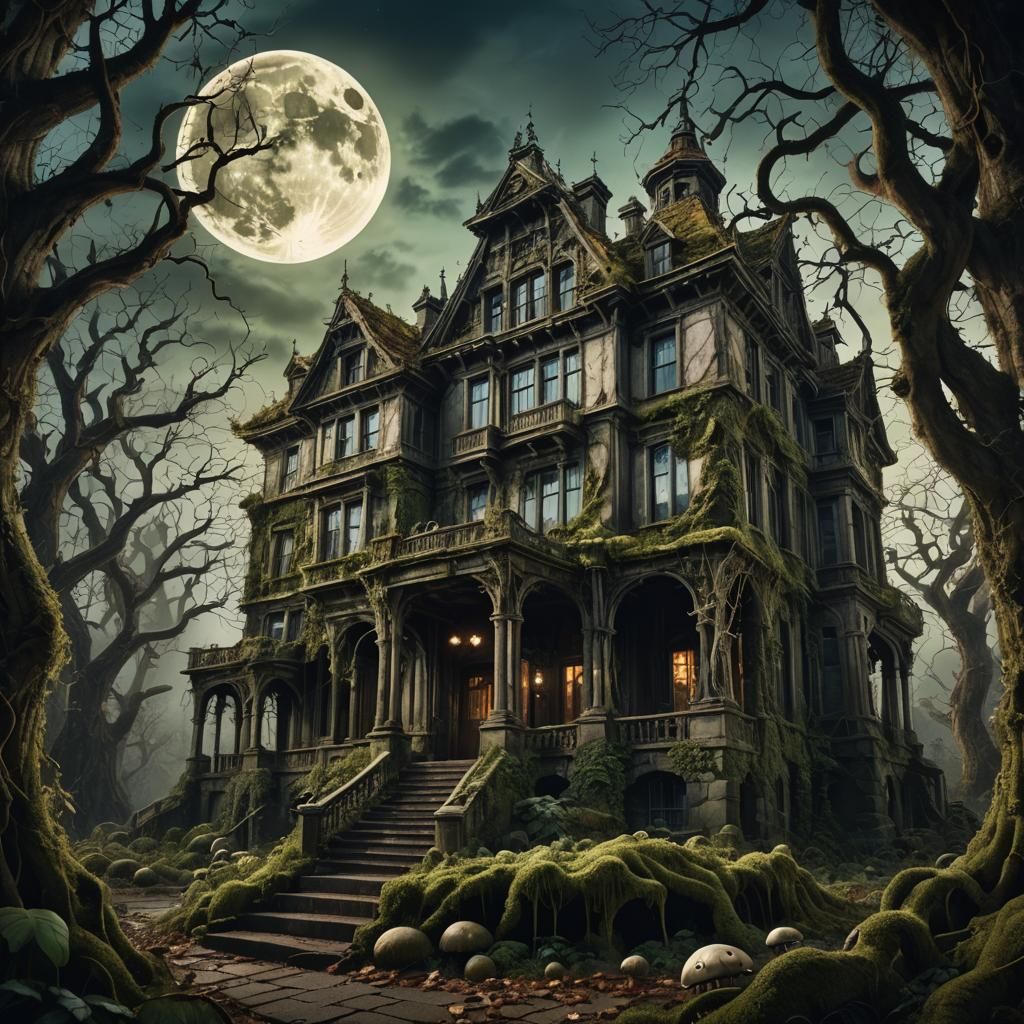 Eerie Abandoned Mansion in Moonlight: Digital Art