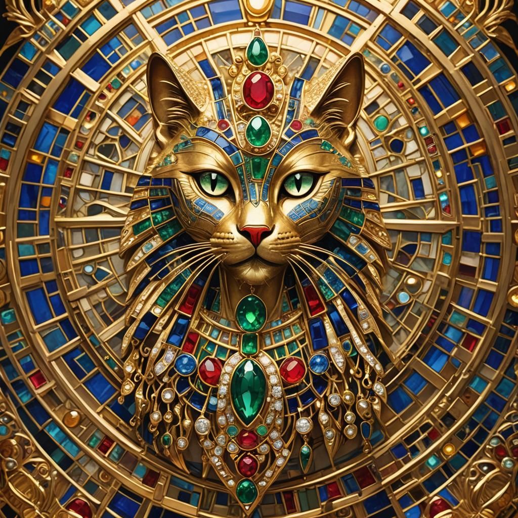 Egyptian Cat Goddess Brooch in Gold and Emerald