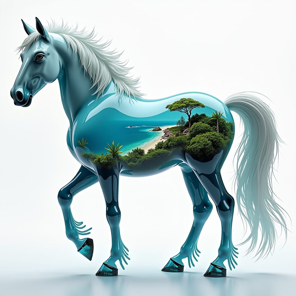 a beautiful horse made of white glass invisibel with a minia...