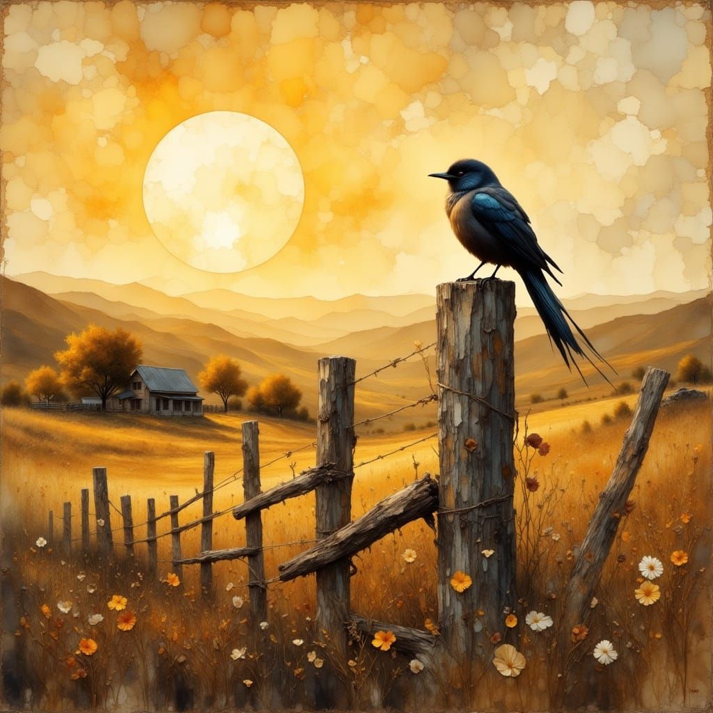 Weathered Bird Silhouetted Against Hazy Sunset