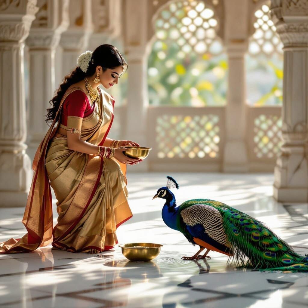 Elegant Queen and Peacock, Golden Lighting