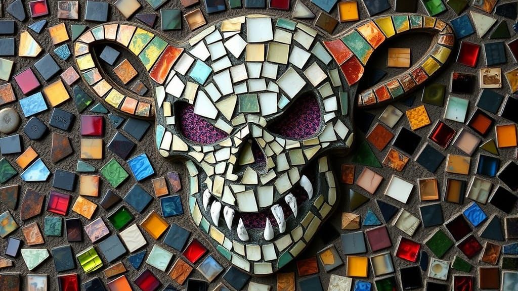 Mosaic Masterpiece of a Grinning Skull Monster