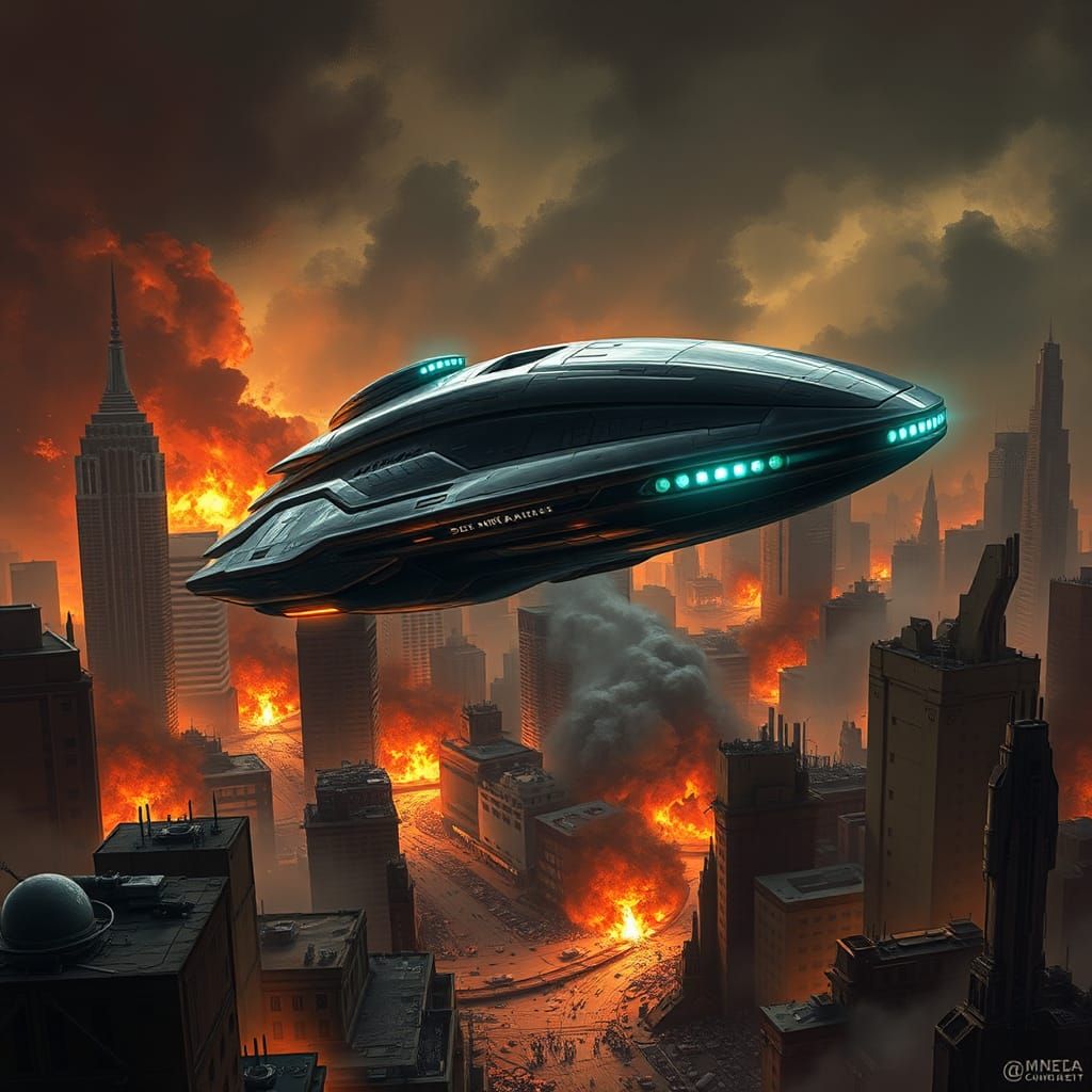 Ominous Alien Starship Over War-Torn City