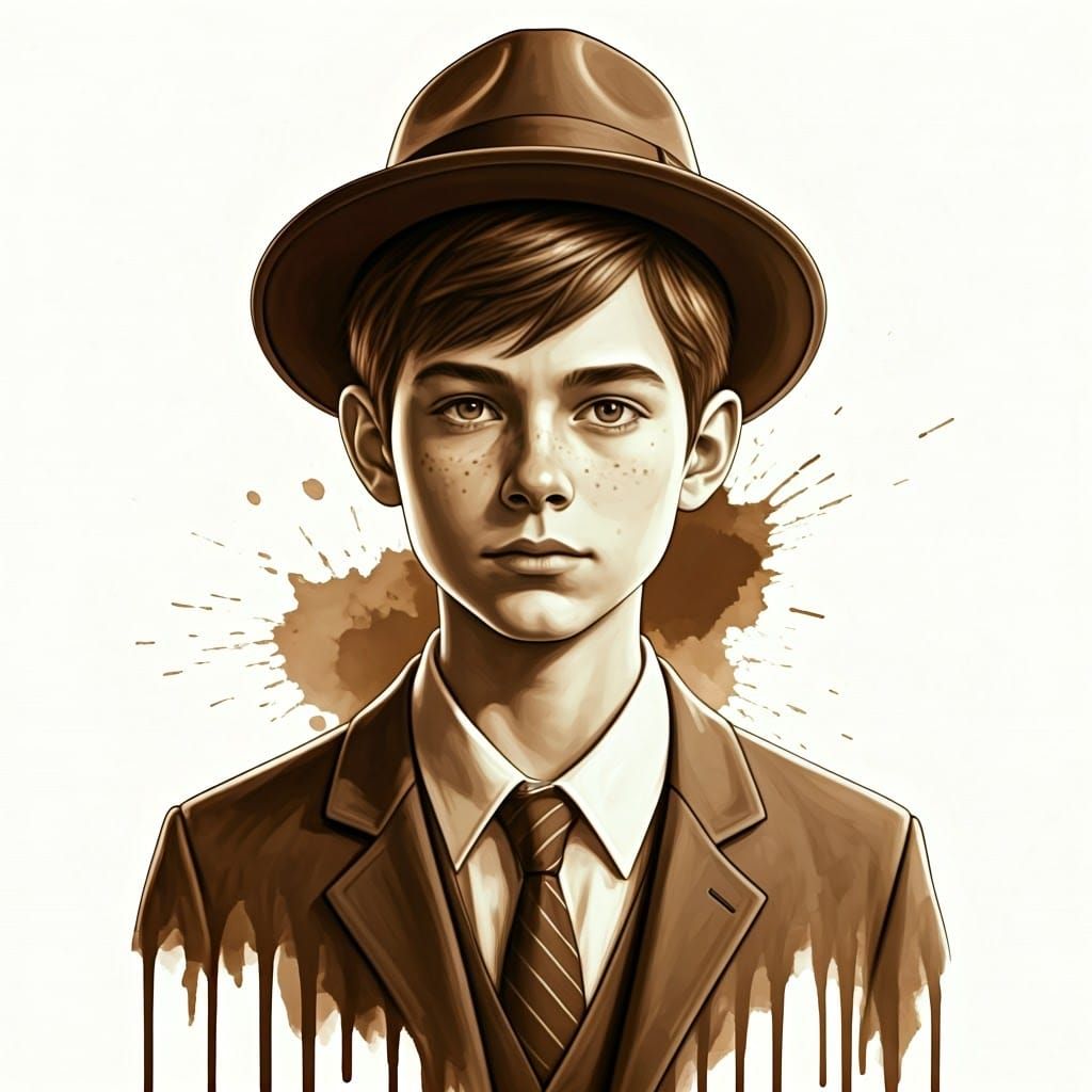 Surreal Boy in Sepia Watercolor Art with Intricate Details