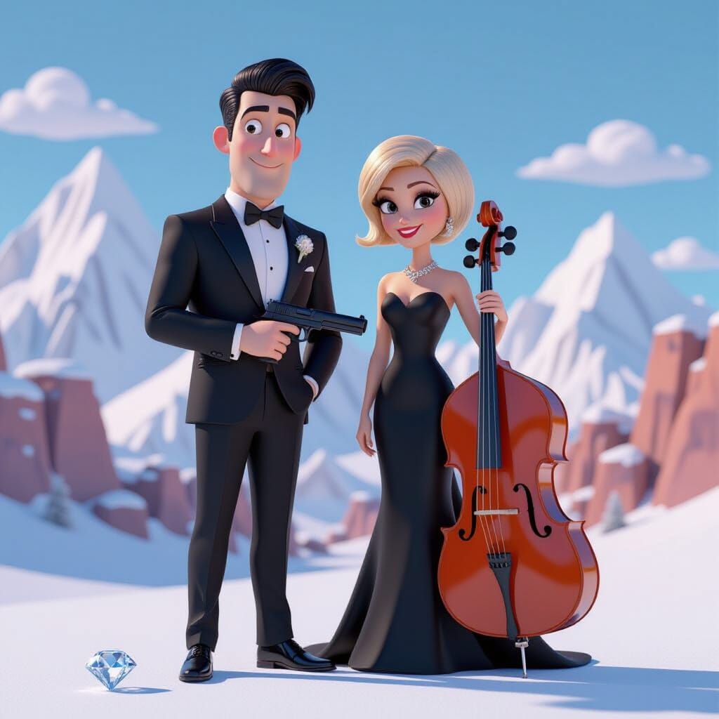 Pixar Style Spy Couple in Contrasting Landscape