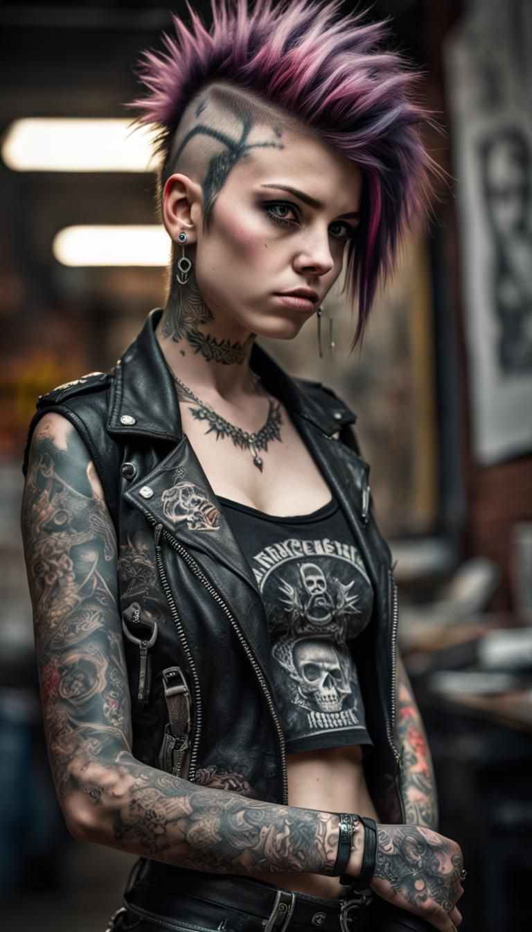 Hyperrealistic Punk Girl with Piercings and Tattoos