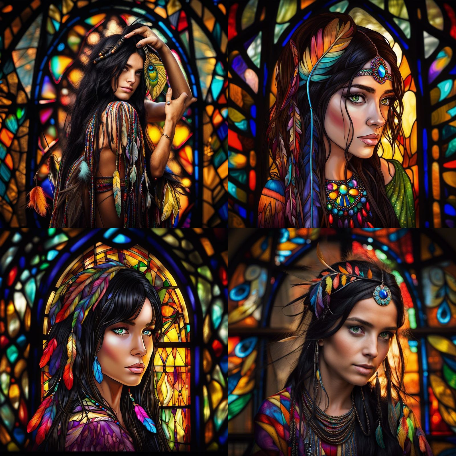 Stained Glass Portrait of a Bohemian Hippie Girl