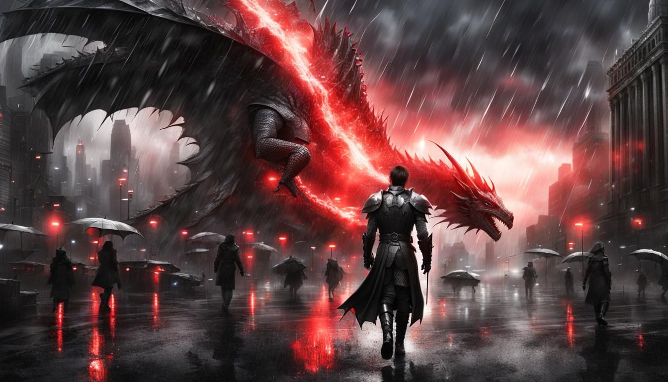 Knight and dragon in the rain