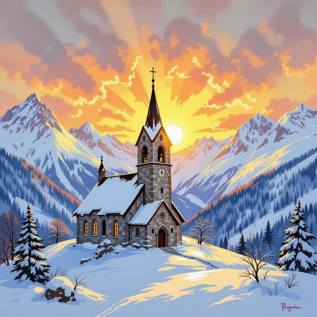 Snowy Mountain Church Tower at Sunrise in Gouache Style