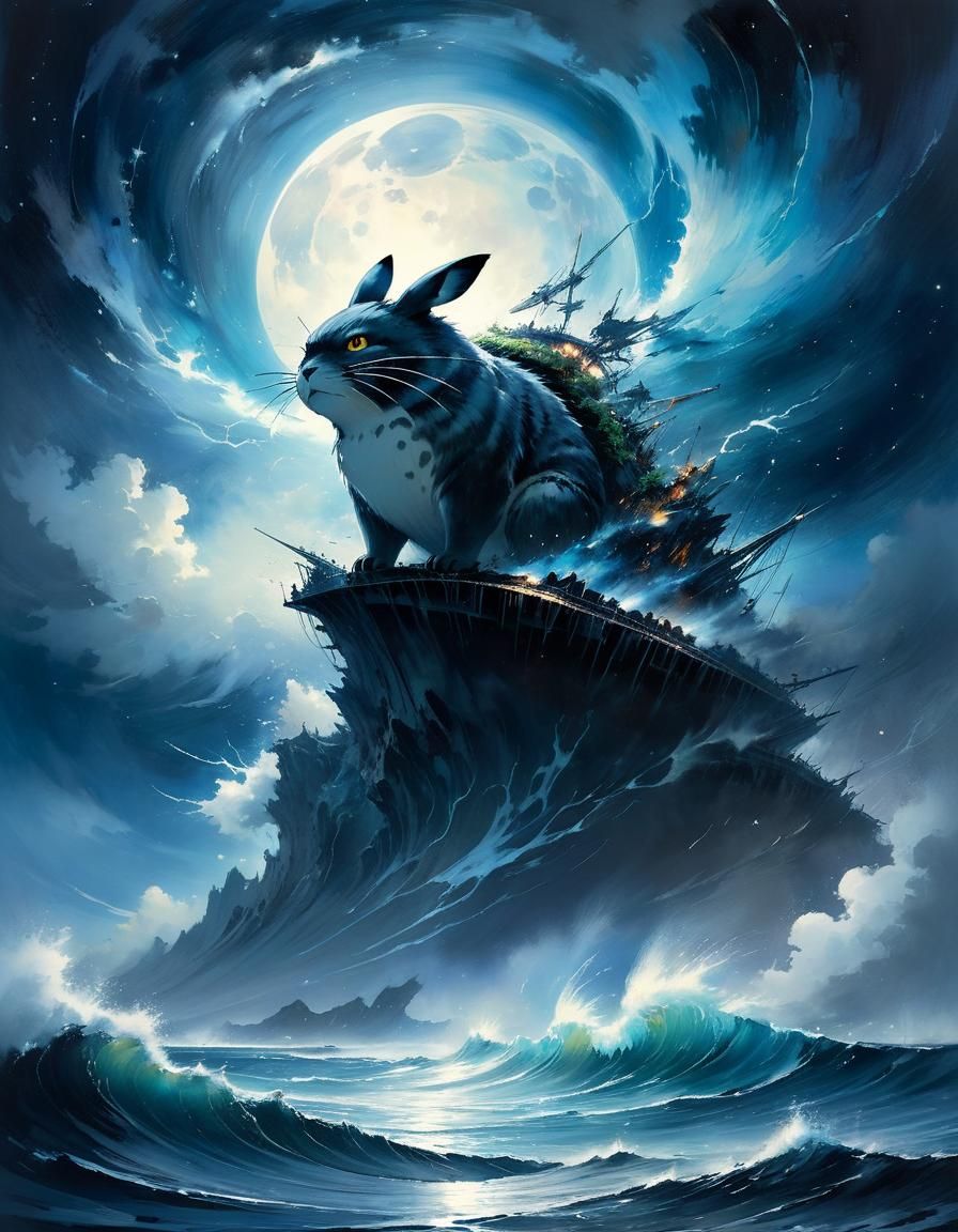 Totoro in Astral Ocean Storm: Watercolor Art