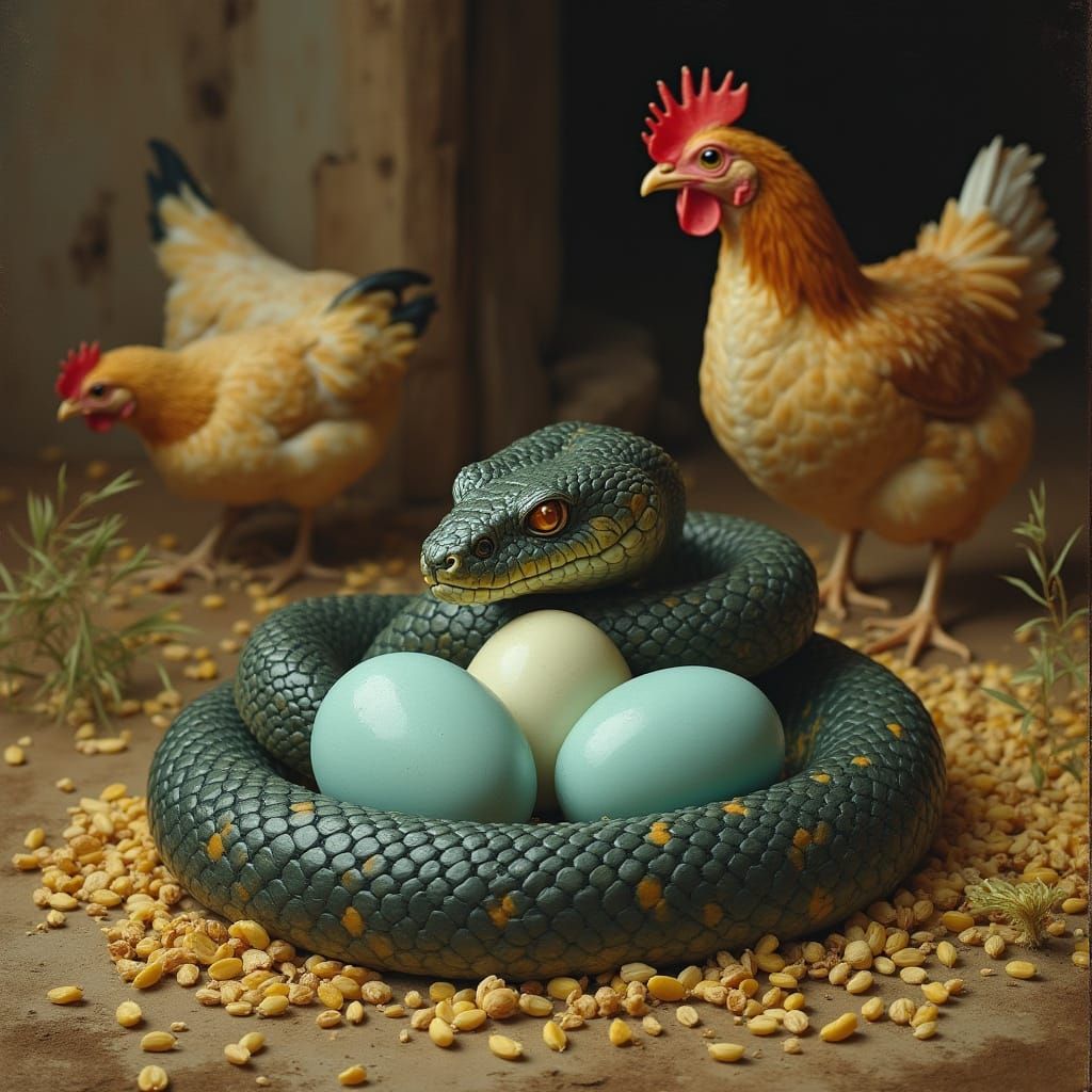 Venomous Snake Guards Pale Blue Eggs on Farm