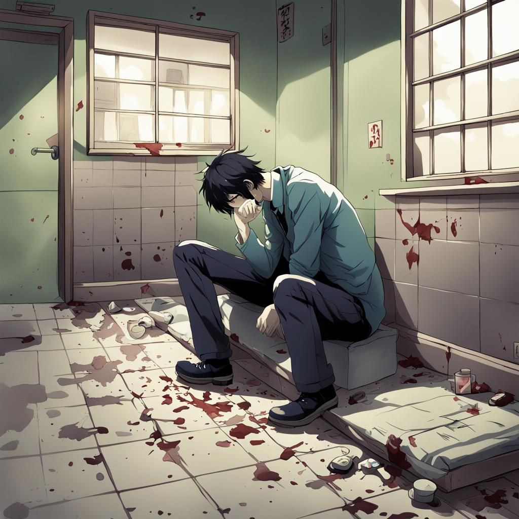 Distressed Man in Asylum: Anime-Style Illustration