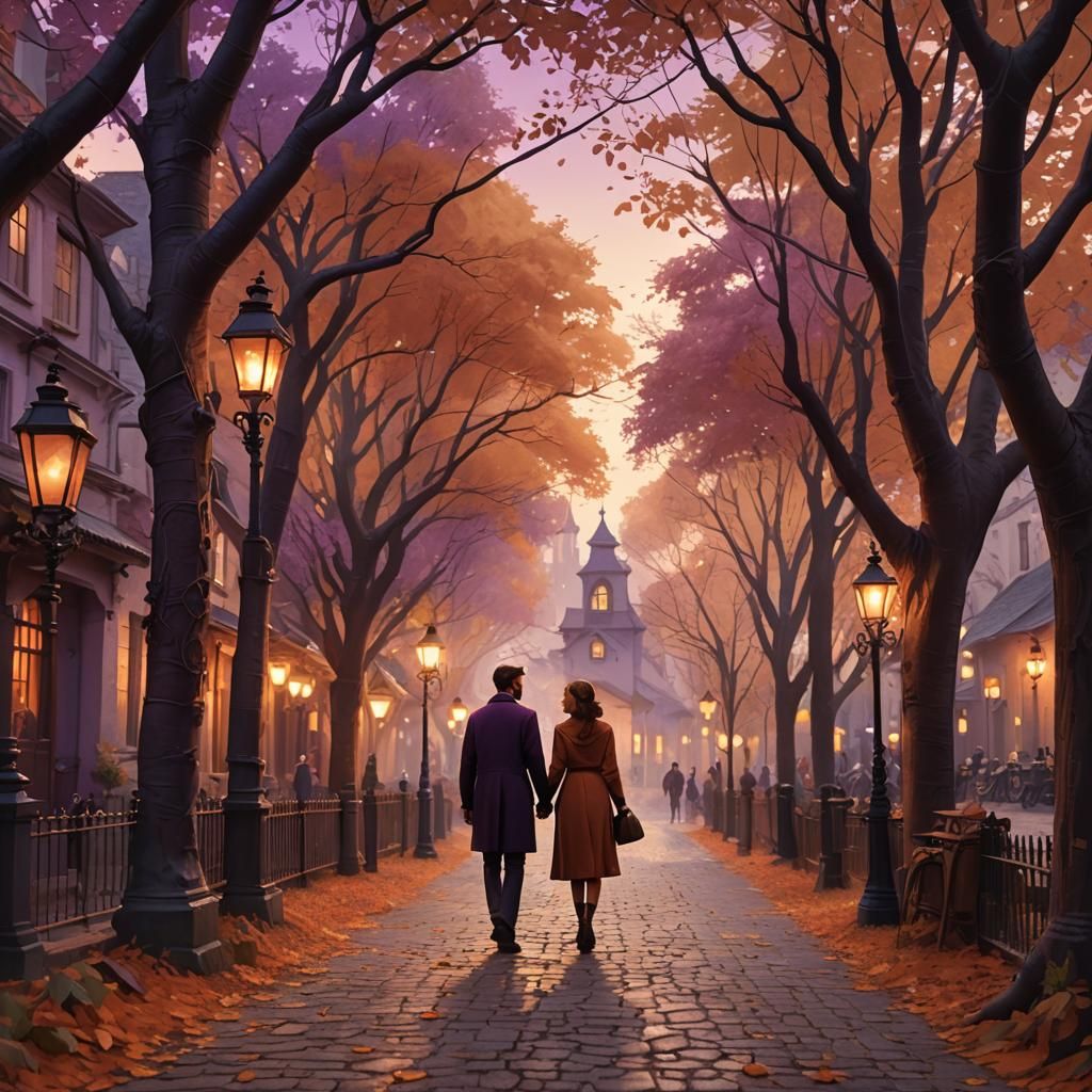 Whimsical Autumn Village Street at Sunset