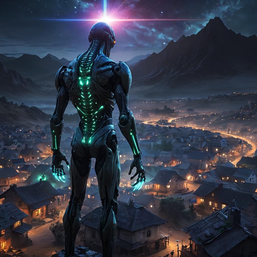 Bio-luminescent Alien Giant Towers Over Village