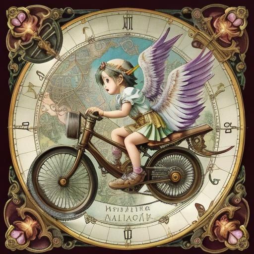 Child on Winged Bicycle Over City Map