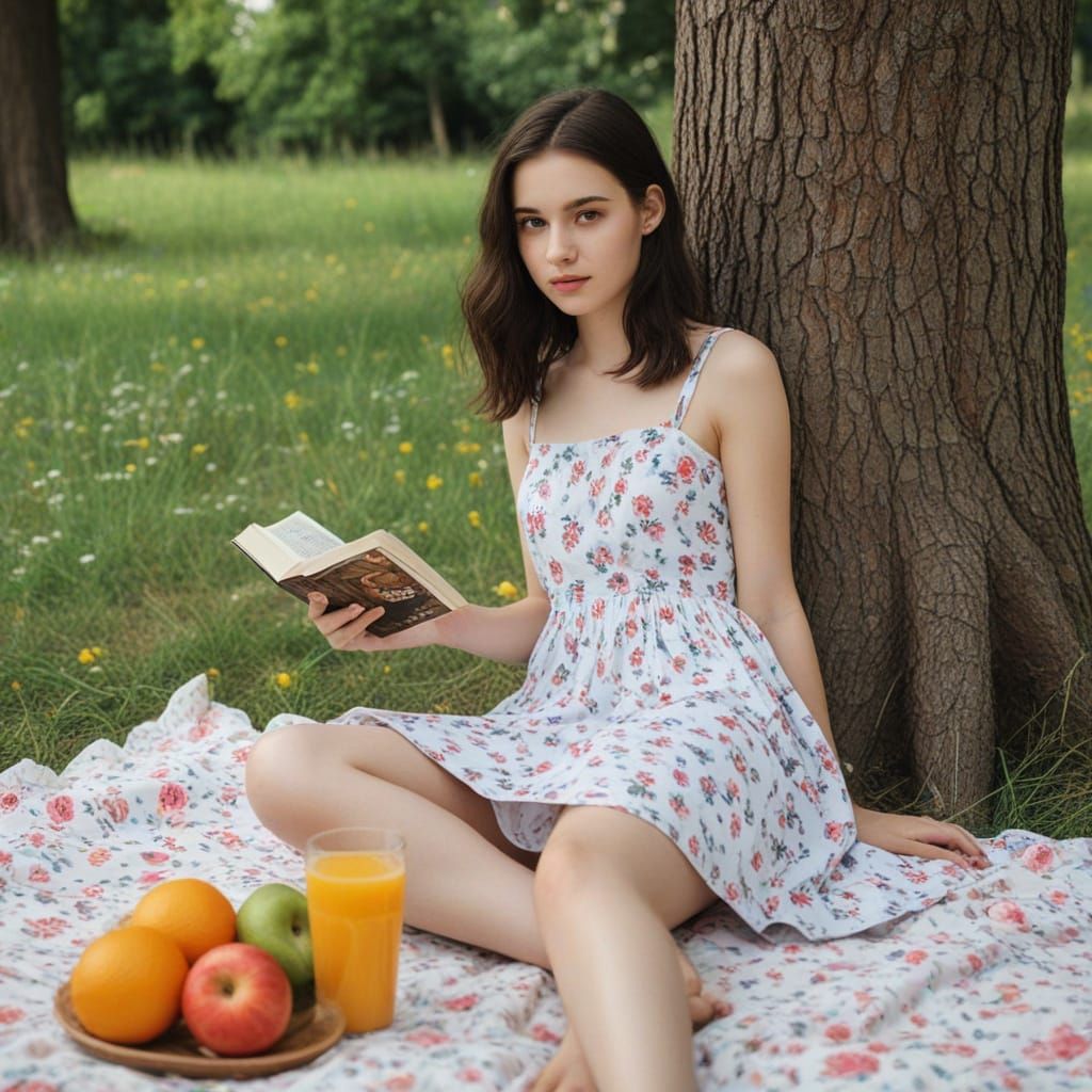 A Young Woman Reads Under a Tree in a Whimsical Summer Scene