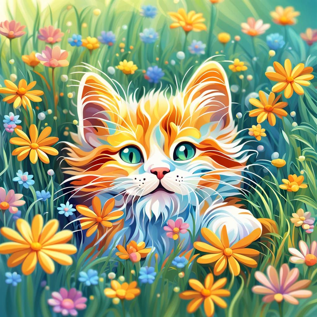 Whimsical Calico Kitten in Vibrant Summer Landscape